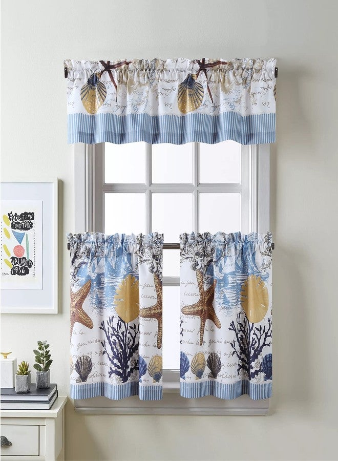 MVSUTA Under The Sea Pinted Polyester Fabric Ocean 3pcs Kitchen Curtain Set,Modern Blue Sailboats Waterproof 42" W x 12" L Valance and 2pcs 21" W x 24" L Tiers - Image 1